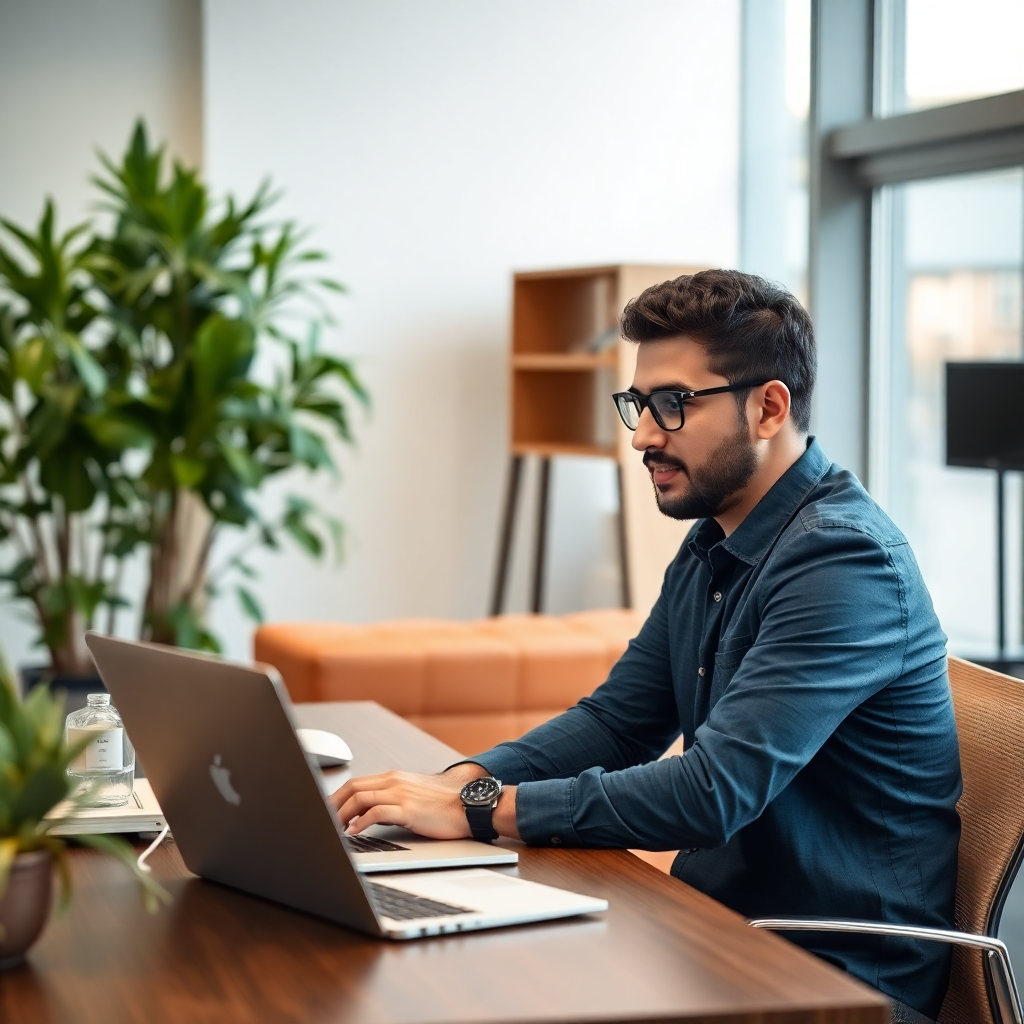 Professional freelancer working on laptop in modern office